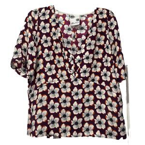 Attic and Barn Silk Shirt Top Women's XL Short Sleeve V Neck Floral Chic Office